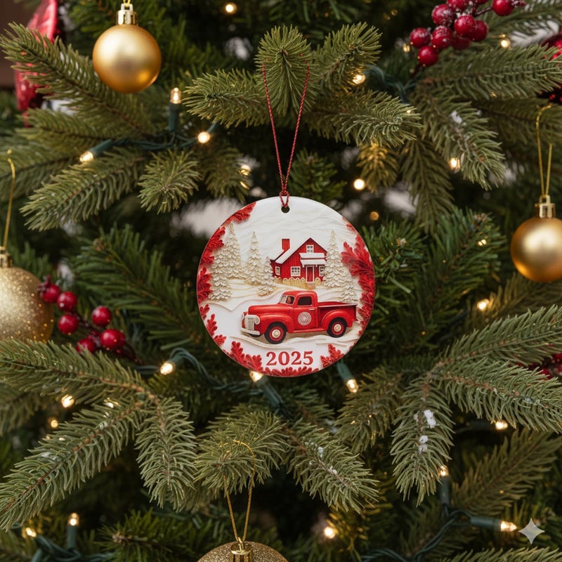 NELXI Red Truck Christmas Ornaments, Christmas Ornaments 2025, Vintage Farmhouse Holiday Decoration, Rustic Red Pickup Scene, Cozy Winter Keepsake, Classic Festive Gift for Tree Display - Image 3